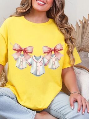Gildan Yellow Tee with Pink Bow Baseball Shirt Graphic